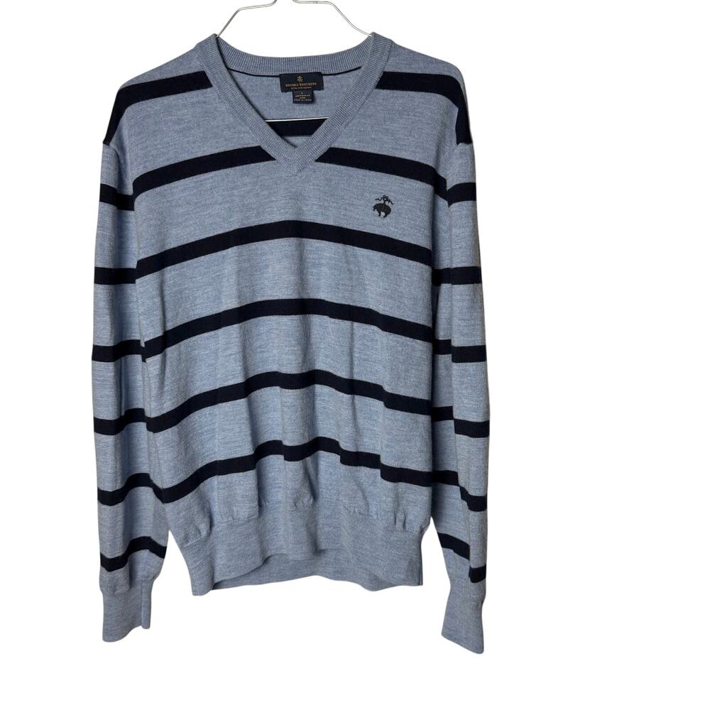 Brooks Brothers Men's Extra Fine Merino Wool V Neck Sweater Blue Navy Preppy L